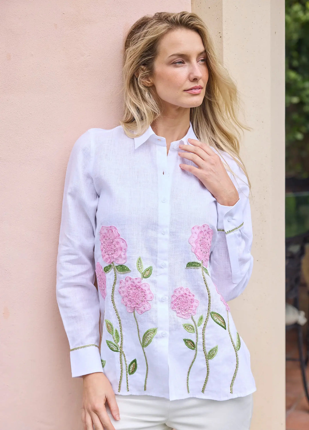 Bella Tu Sheer Flower Shirt in Pink Linen - Mildred Hoit