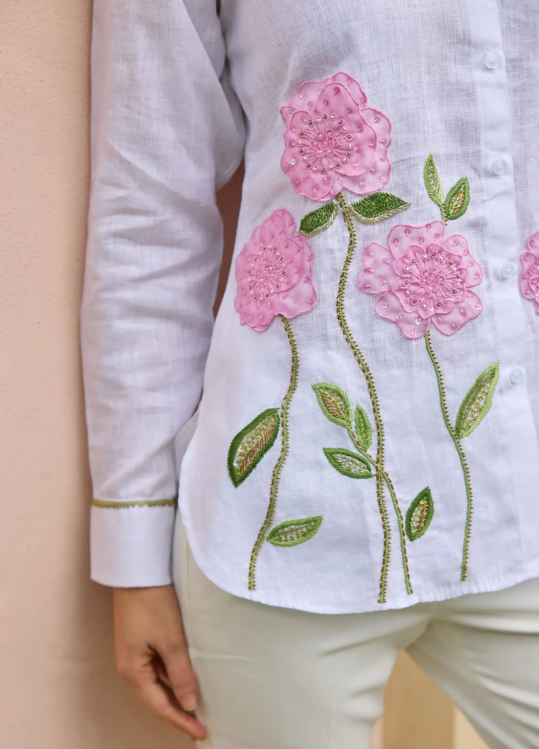 Bella Tu Sheer Flower Shirt in Pink Linen - Mildred Hoit