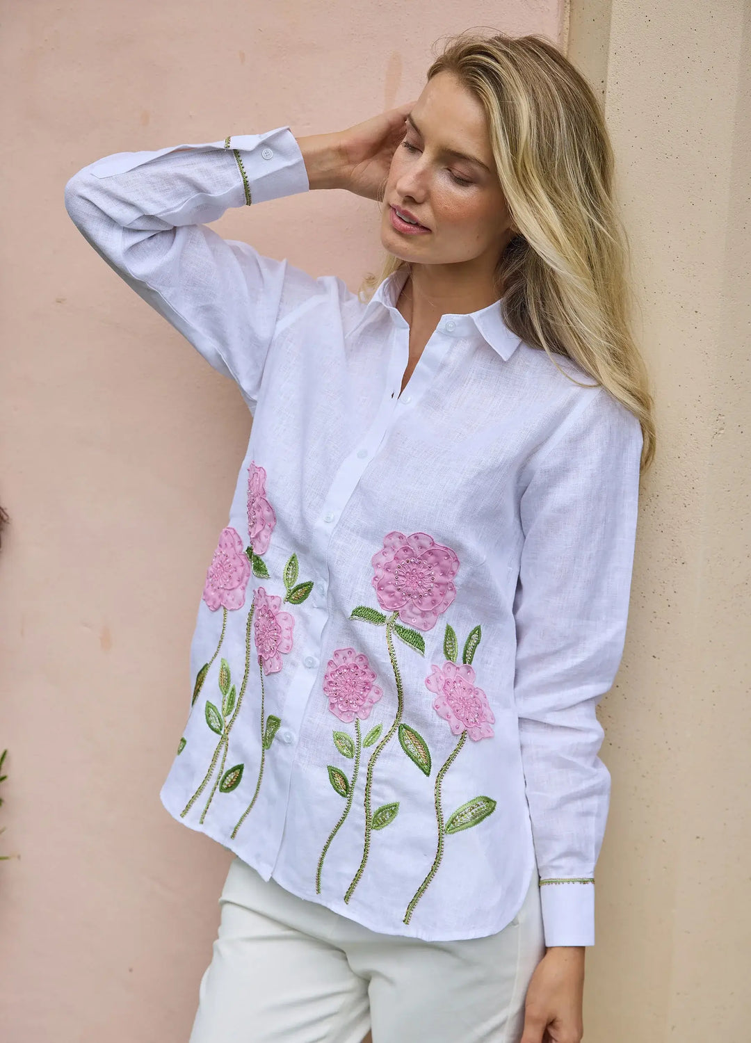 Bella Tu Sheer Flower Shirt in Pink Linen - Mildred Hoit