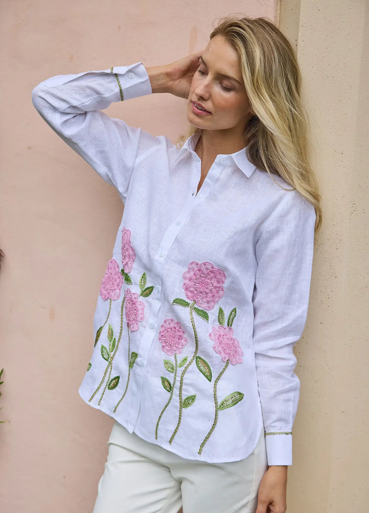 Bella Tu Sheer Flower Shirt in Pink Linen - Mildred Hoit