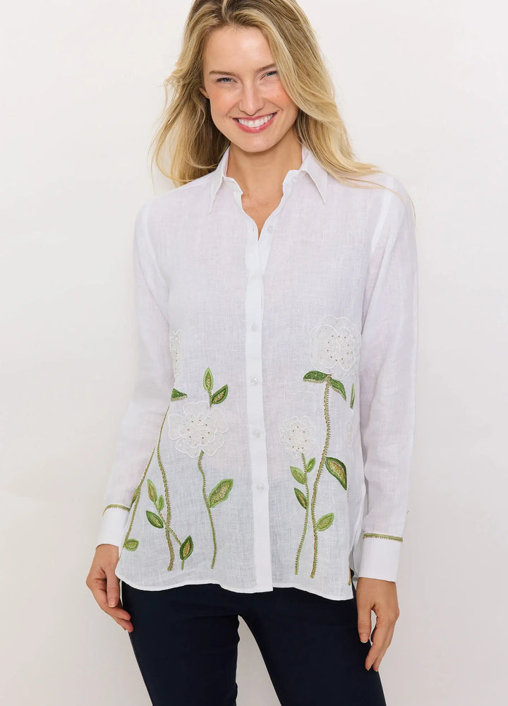 Bella Tu Sheer Flower Shirt in White Linen - Mildred Hoit