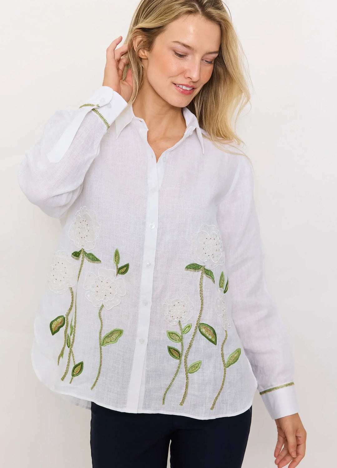 Bella Tu Sheer Flower Shirt in White Linen - Mildred Hoit