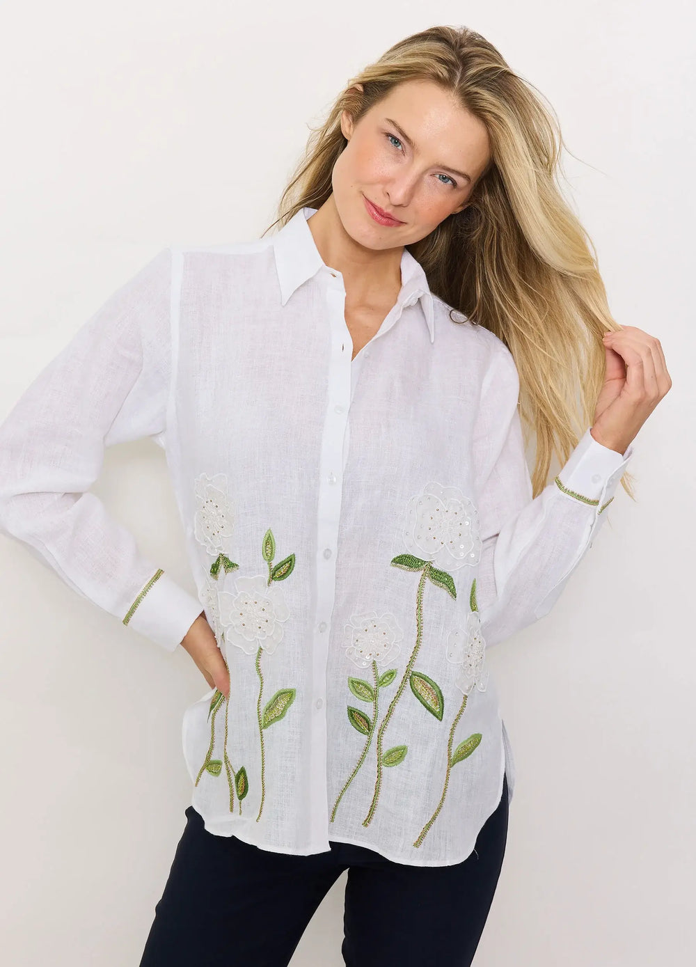 Bella Tu Sheer Flower Shirt in White Linen - Mildred Hoit