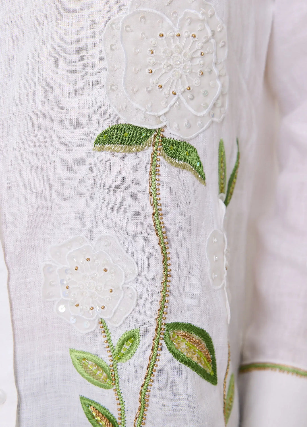 Bella Tu Sheer Flower Shirt in White Linen - Mildred Hoit