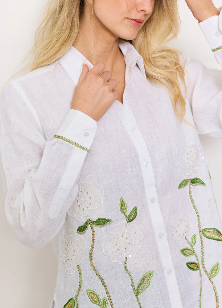 Bella Tu Sheer Flower Shirt in White Linen - Mildred Hoit