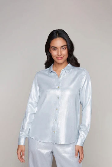 Carre Noir Button Down Silver Blouse available at Mildred Hoit in Palm Beach.