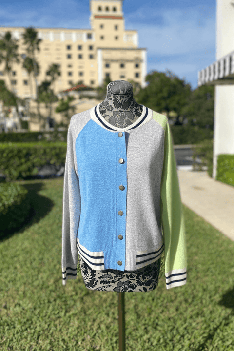 Color Block Jacket in Honeydew, Grey, and Turquoise available at Mildred Hoit in Palm Beach.