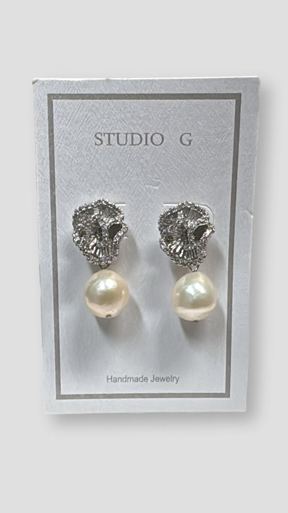 Fancy CZ Rose Earring with Drop Pearl in Silver - Mildred Hoit