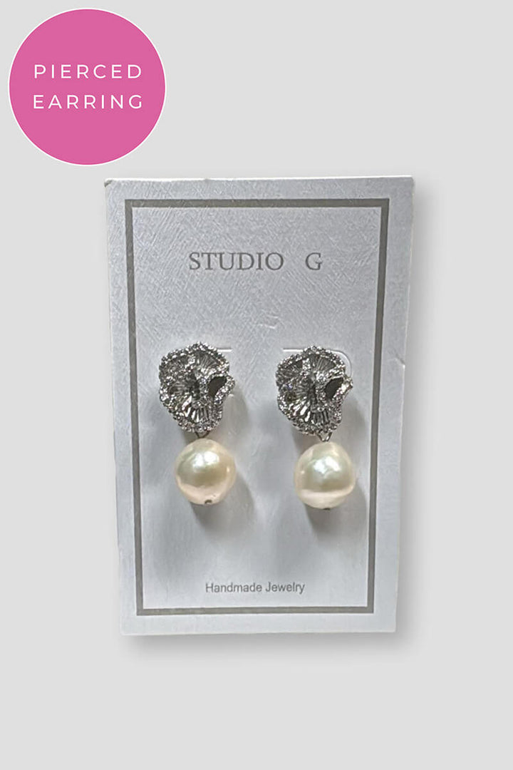 Fancy CZ Rose Earring with Drop Pearl in Silver