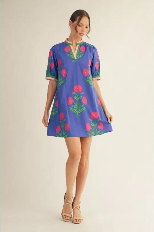 Floral Print Shift Dress in Blue