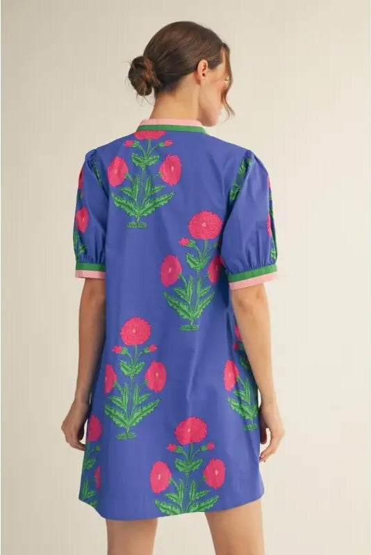 Floral Print Shift Dress in Blue