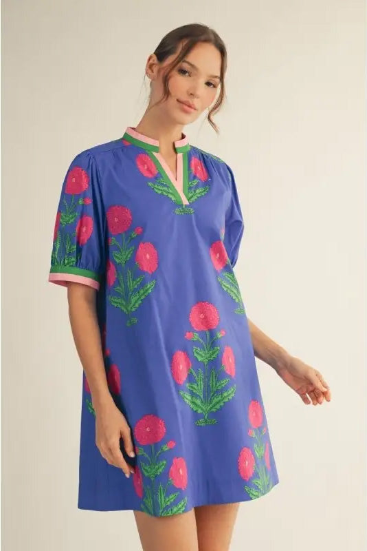 Floral Print Shift Dress in Blue