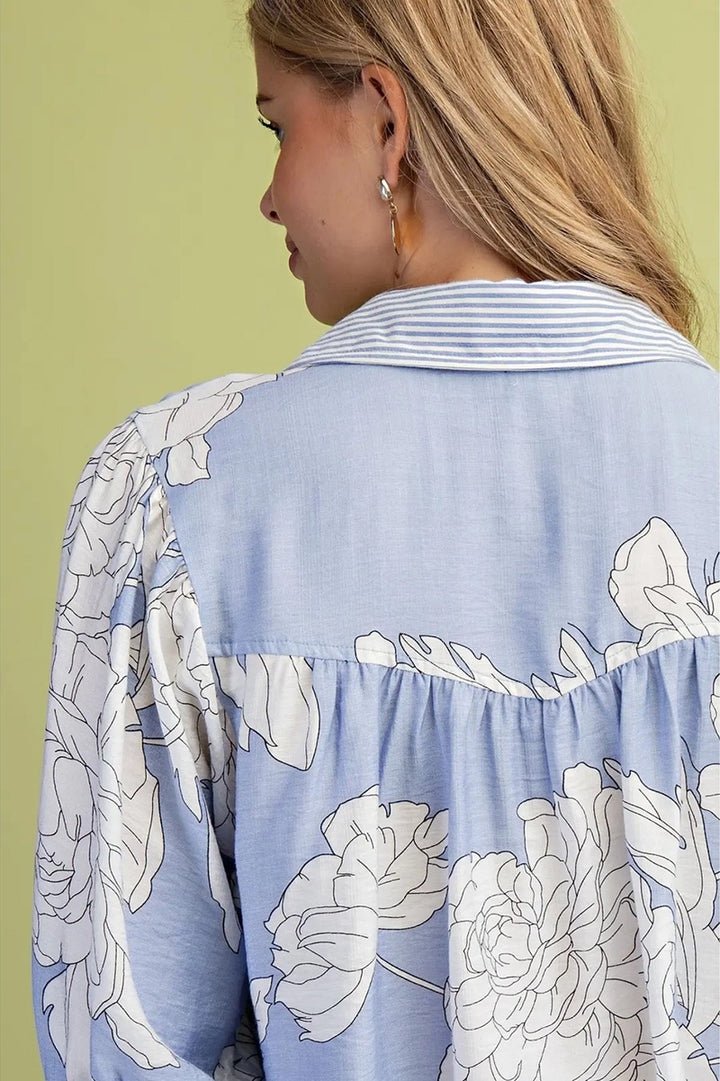 Floral Print Top in Misty Blue Mix