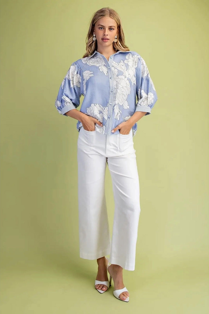 Floral Print Top in Misty Blue Mix