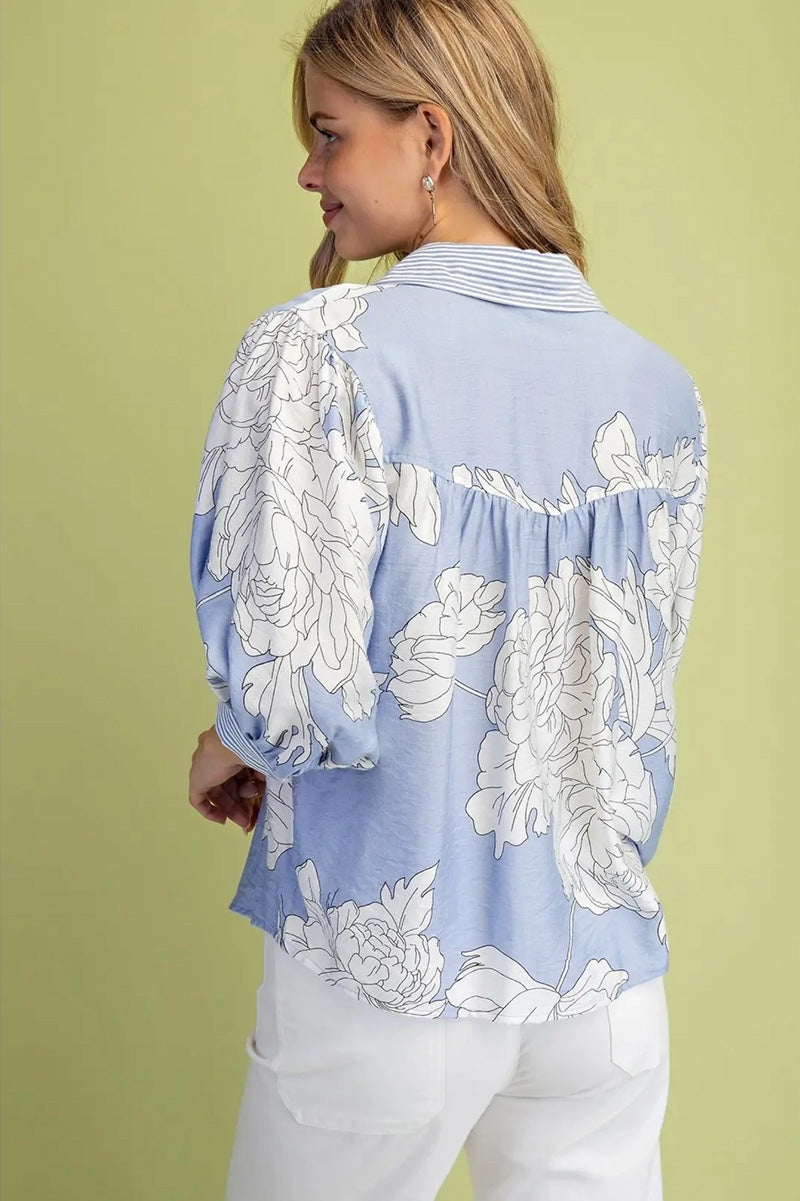 Floral Print Top in Misty Blue Mix