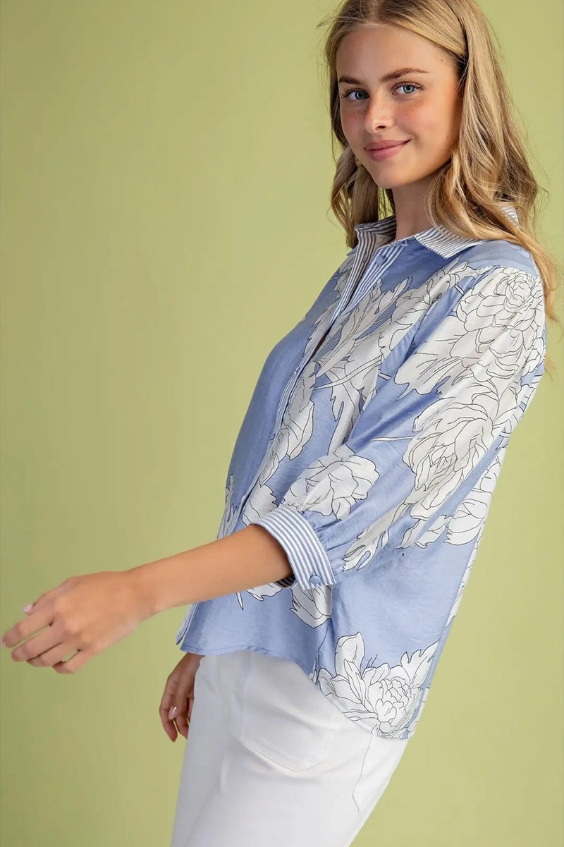 Floral Print Top in Misty Blue Mix