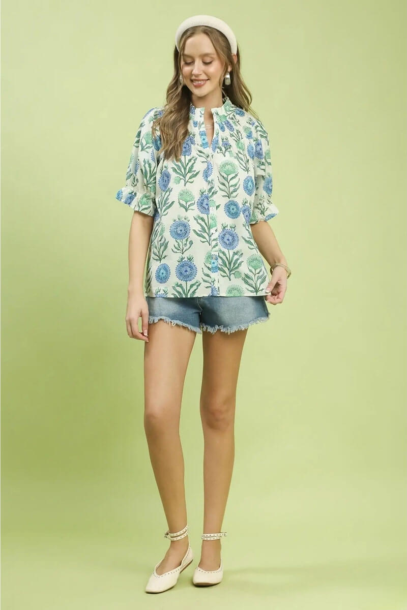 Floral Short Sleeve Top in Blue