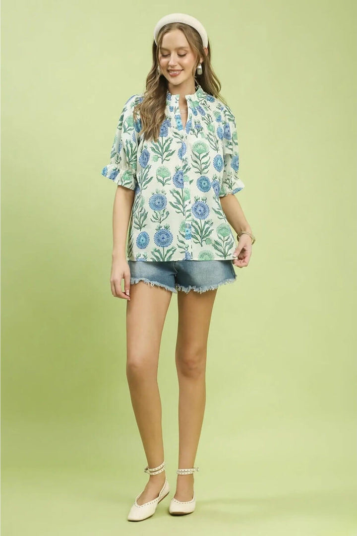 Floral Short Sleeve Top in Blue