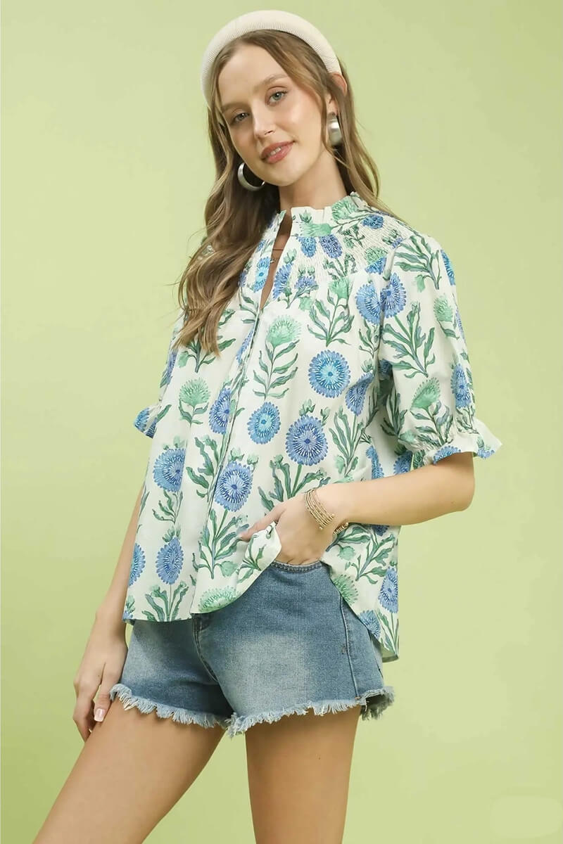 Floral Short Sleeve Top in Blue