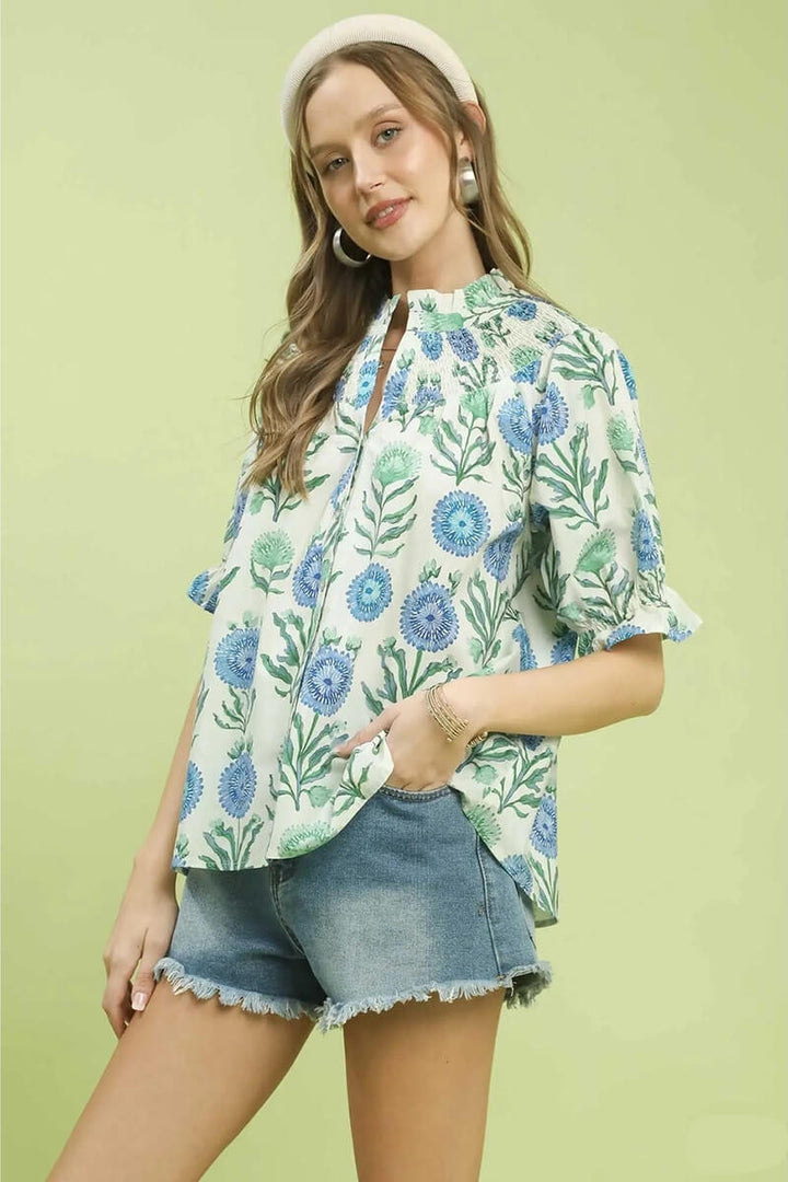 Floral Short Sleeve Top in Blue