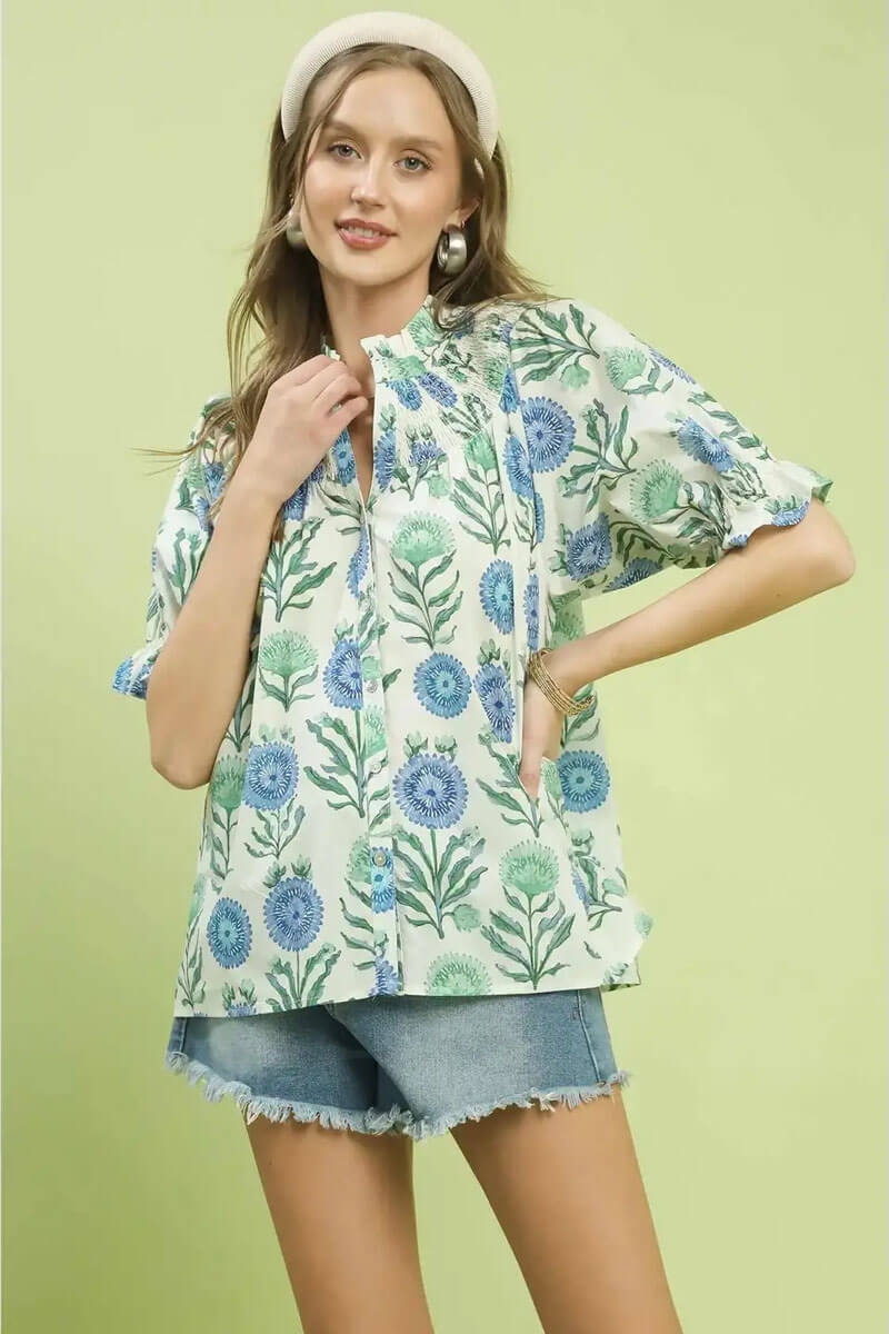 Floral Short Sleeve Top in Blue