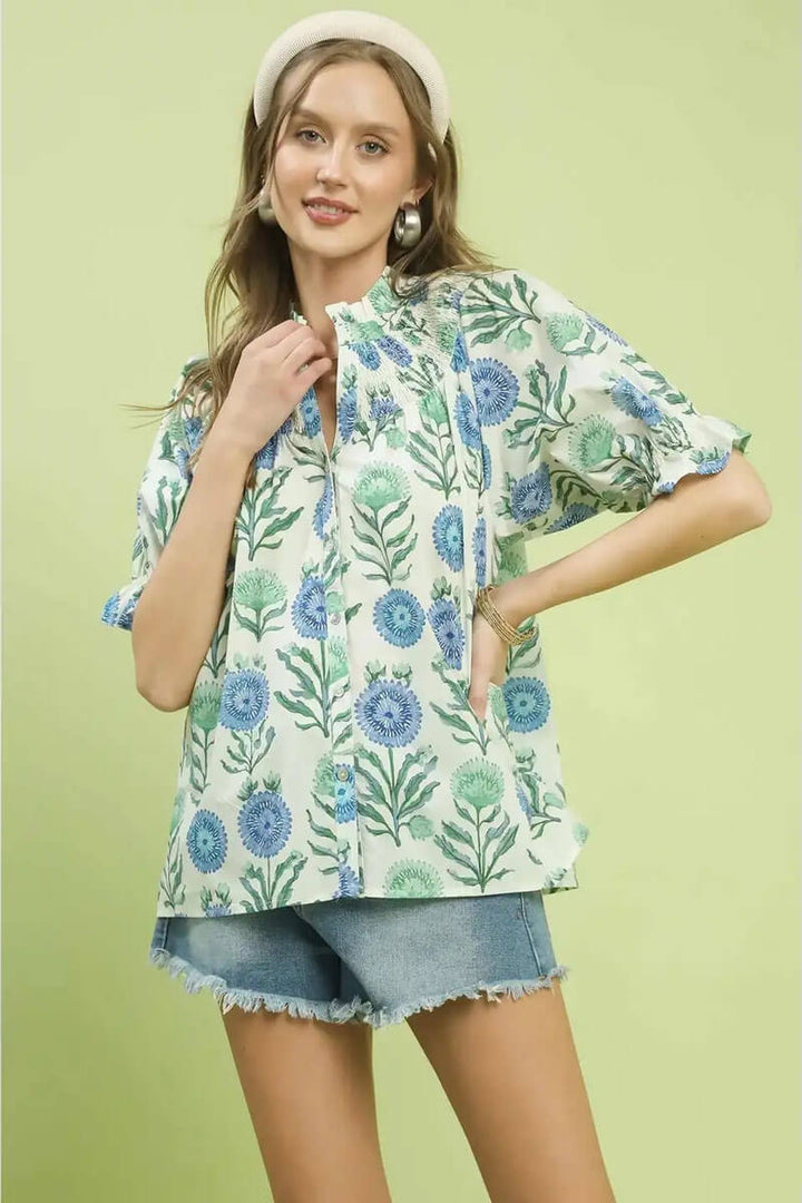 Floral Short Sleeve Top in Blue