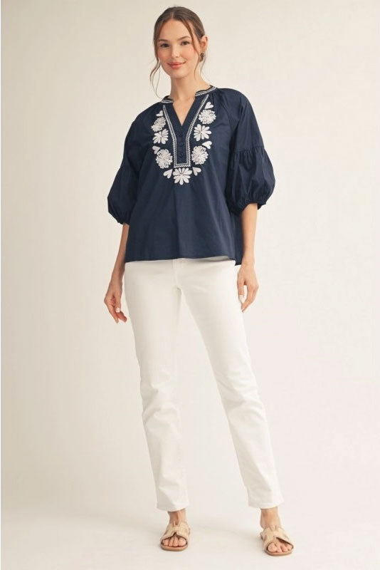 Embroidered Top in Navy