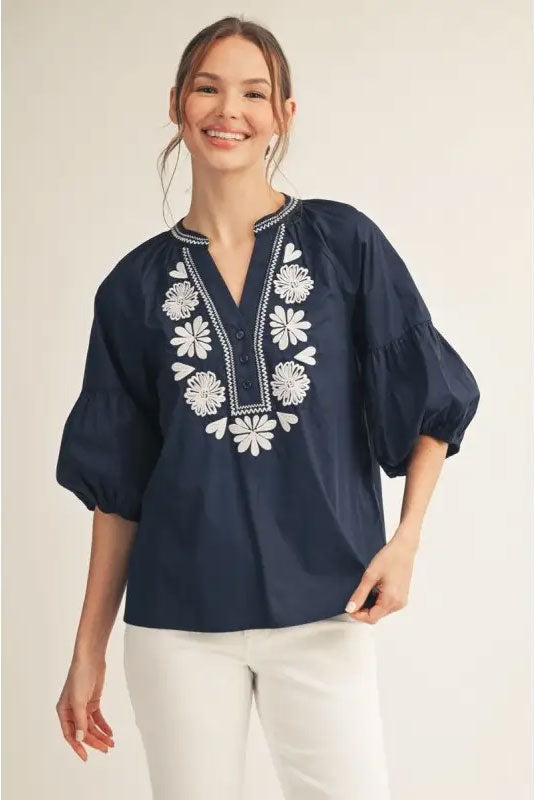 Embroidered Top in Navy