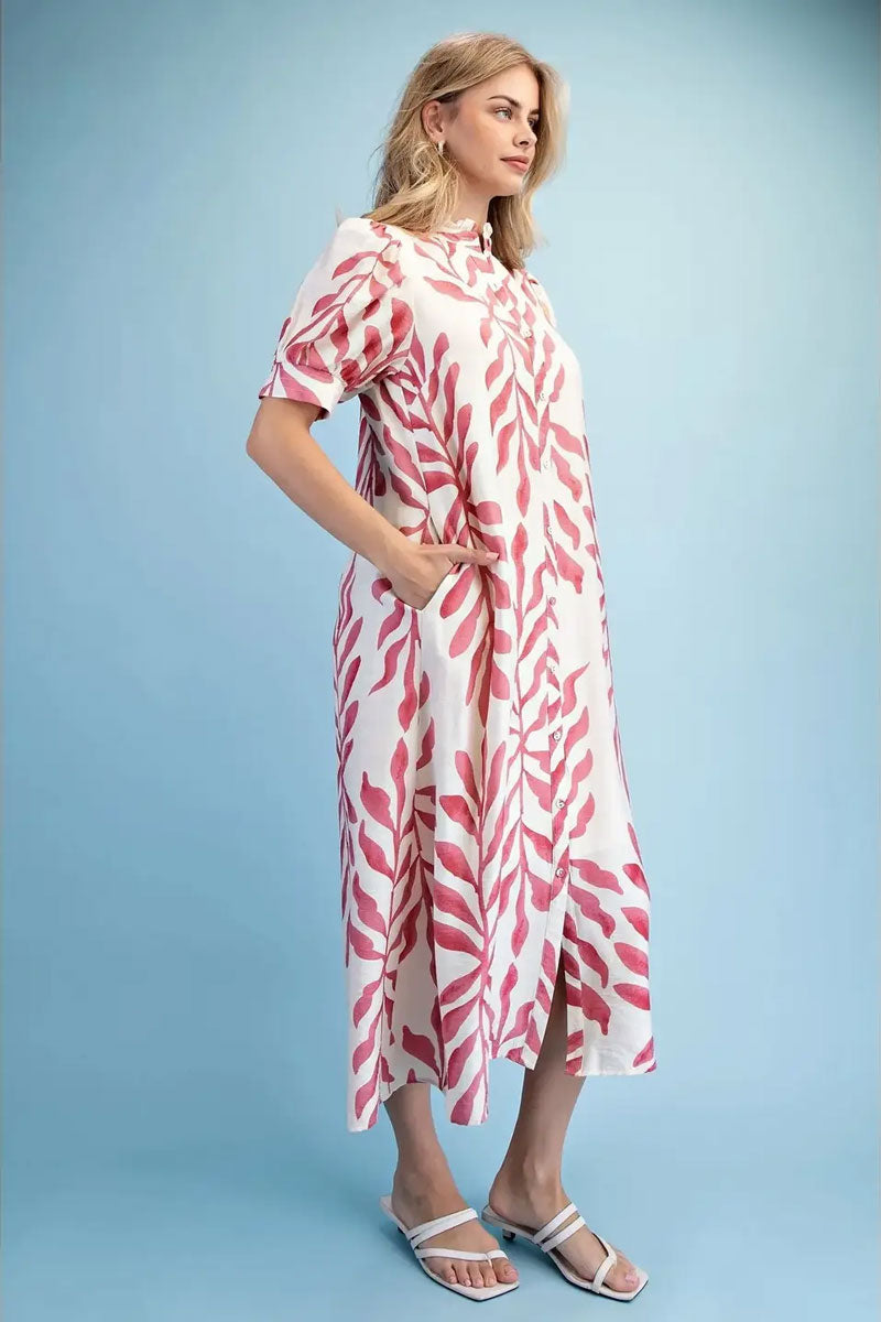 Leaf Print Midi Dress in Rose Mix