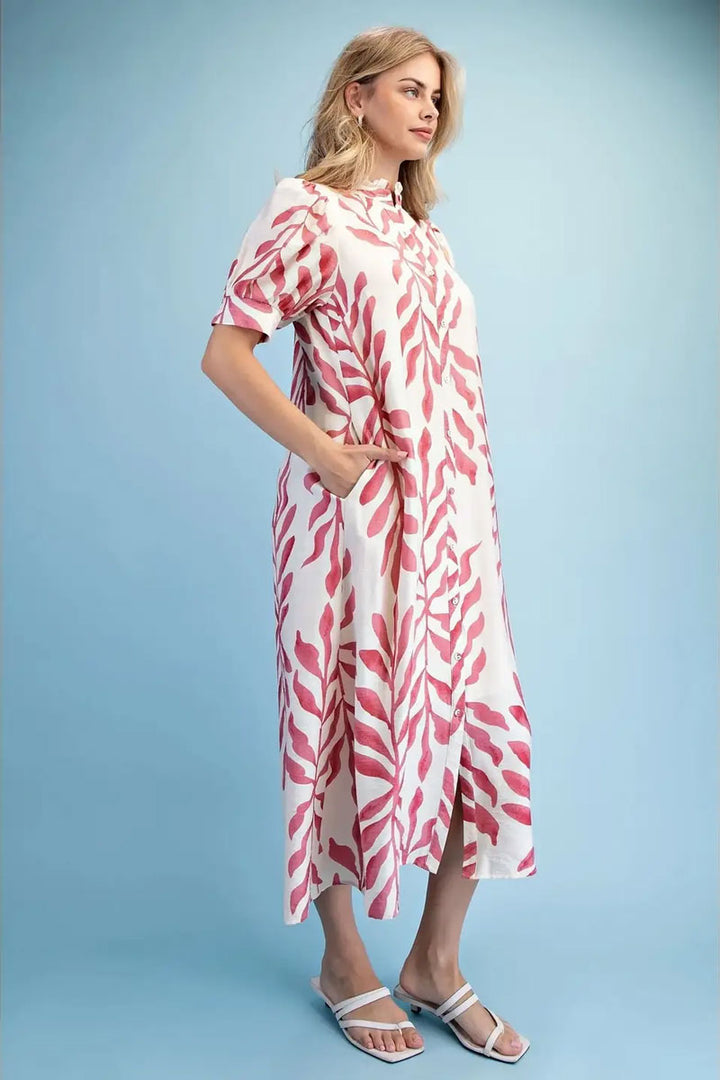 Leaf Print Midi Dress in Rose Mix