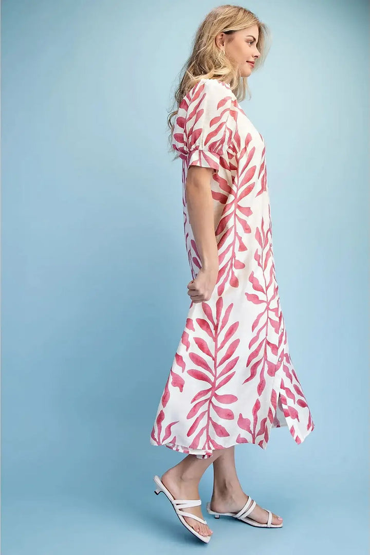 Leaf Print Midi Dress in Rose Mix