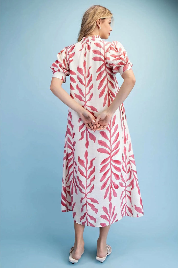 Leaf Print Midi Dress in Rose Mix