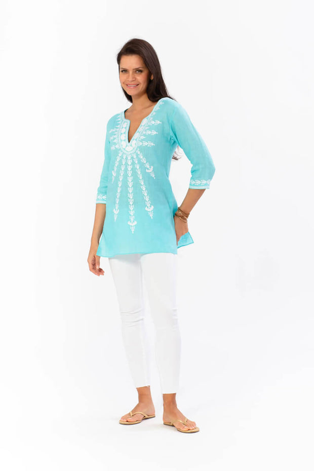 Sulu Portofino Tunic in Sky Blue and White available at Mildred Hoit in Palm Beach.