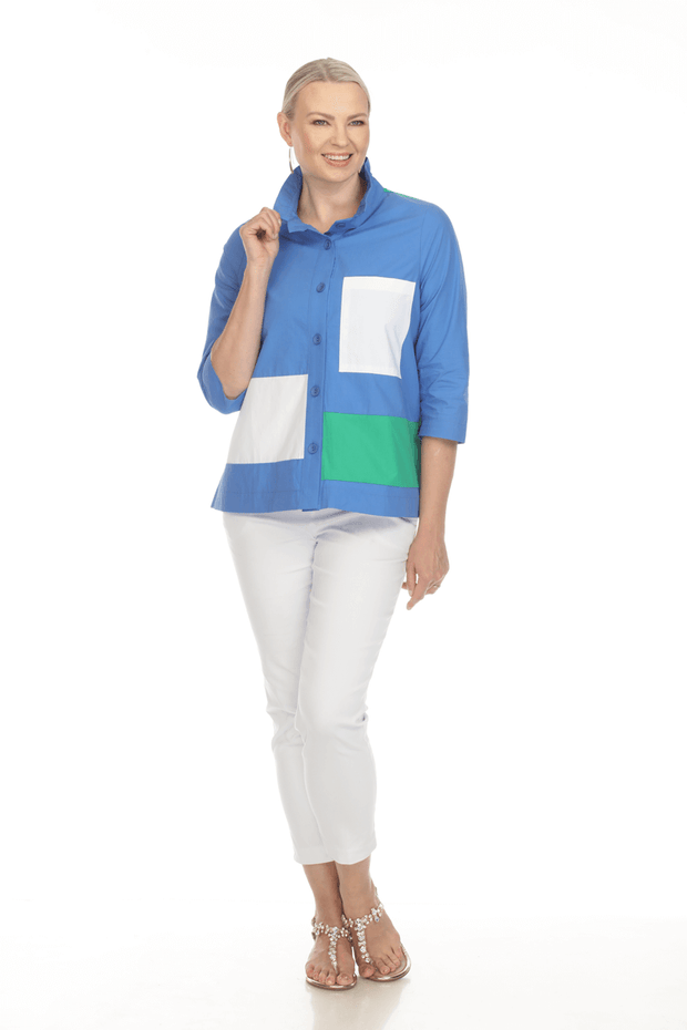 Terra Colorblock Blouse in Blue, Green, and White available at Mildred Hoit in Palm Beach.