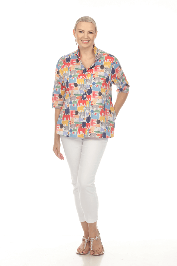 Terra Jungle Button-Down Blouse available at Mildred Hoit in Palm Beach.