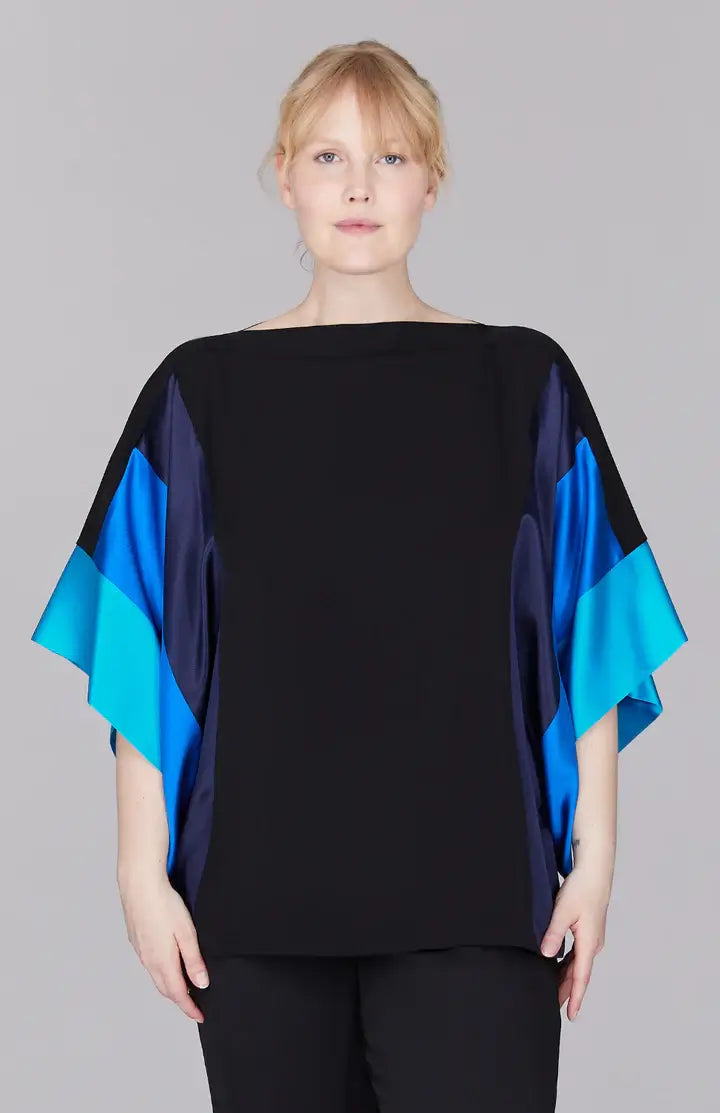 Emmelle Silk Tunic with Contrast Silk Bands in Marine, Iris, and Cyan - Mildred Hoit