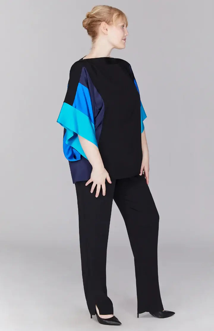 Emmelle Silk Tunic with Contrast Silk Bands in Marine, Iris, and Cyan - Mildred Hoit