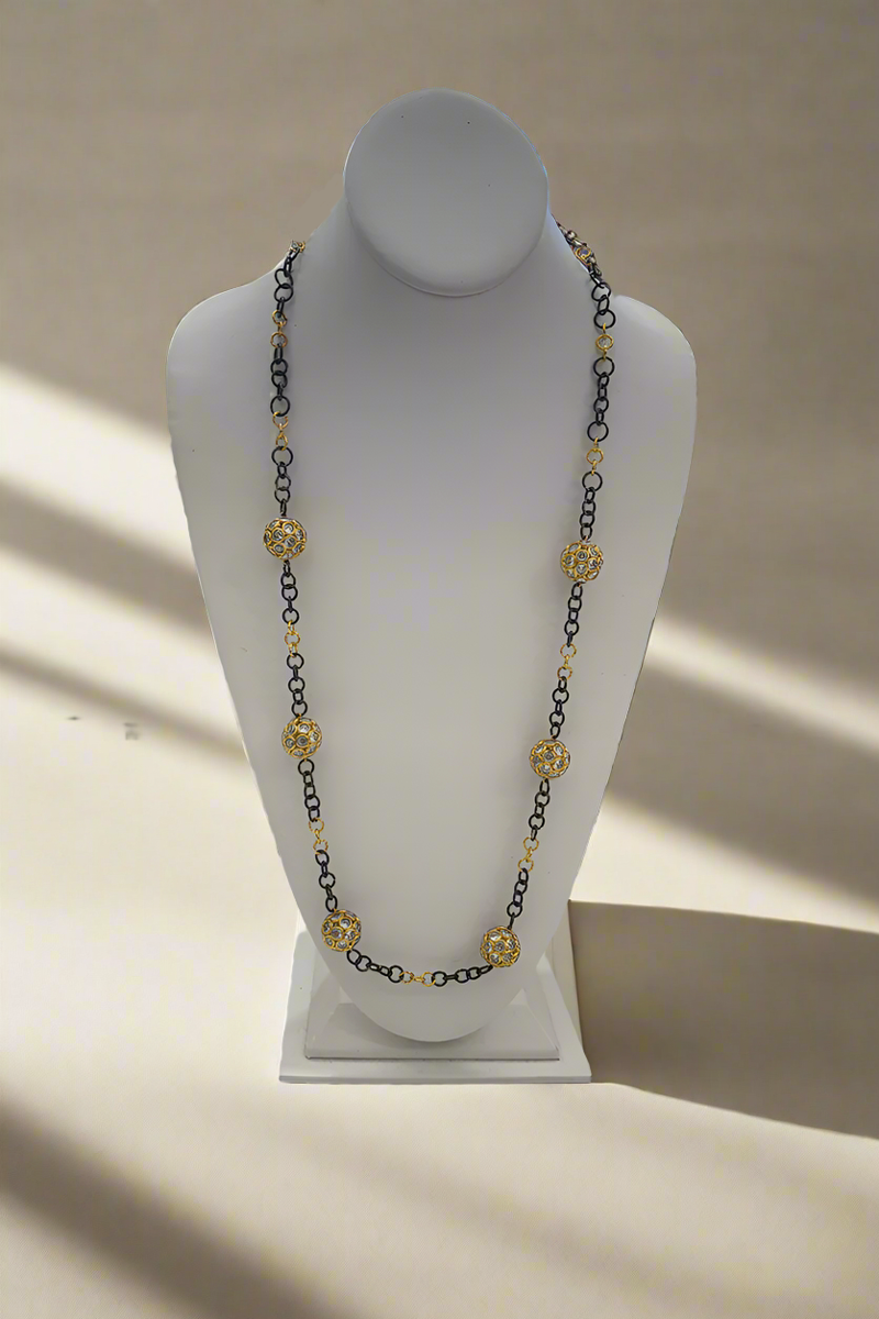 Black, Gold, and Crystal Necklace - Mildred Hoit