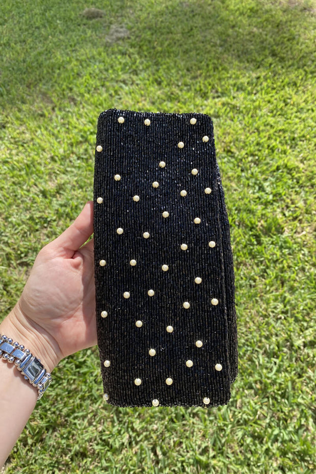 Long Beaded Clutch Bag in Black with Pearls