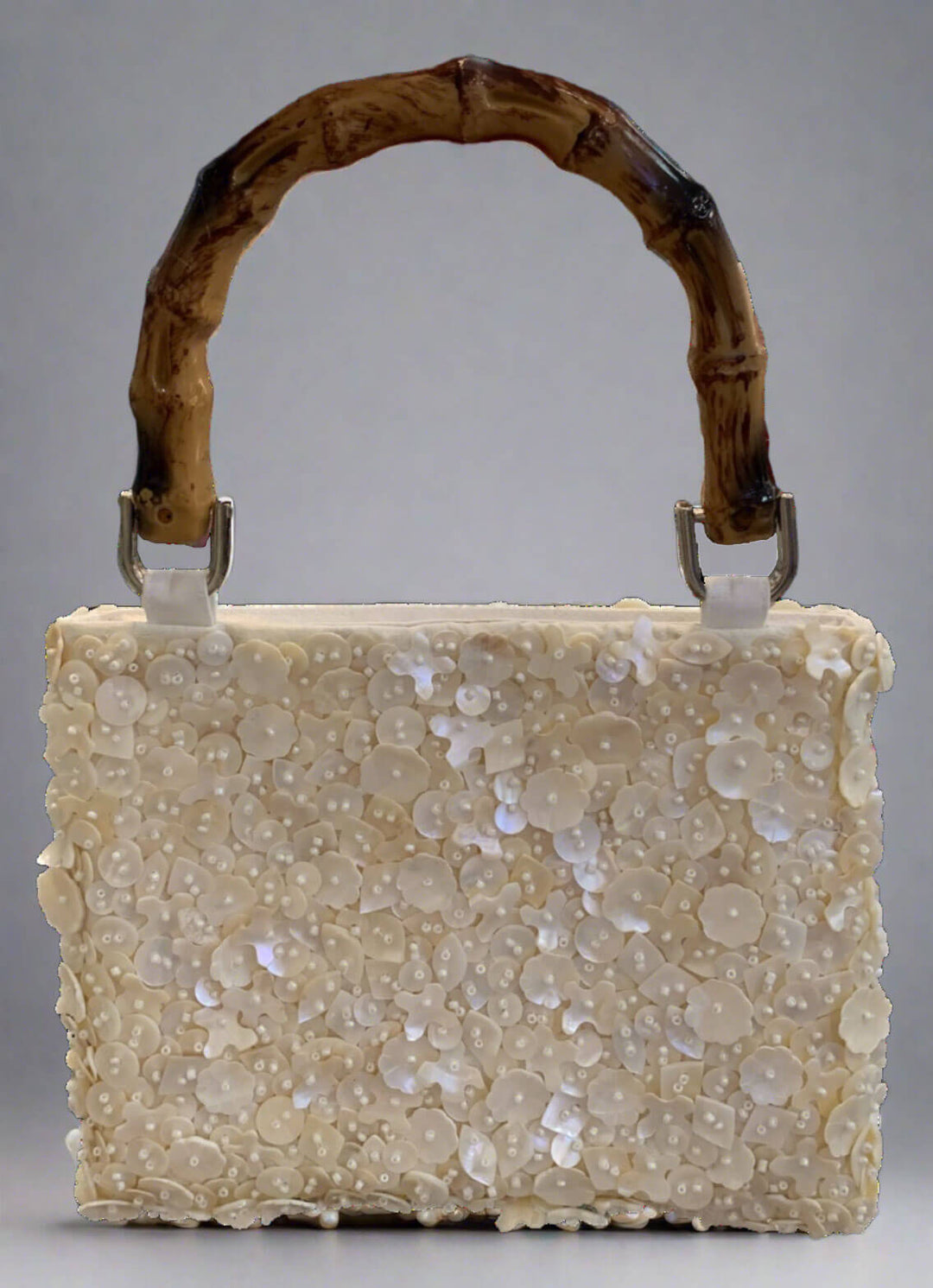 Ivory Beaded Bag with Bamboo Handle - Mildred Hoit