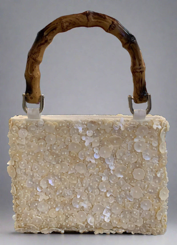 Ivory Beaded Bag with Bamboo Handle