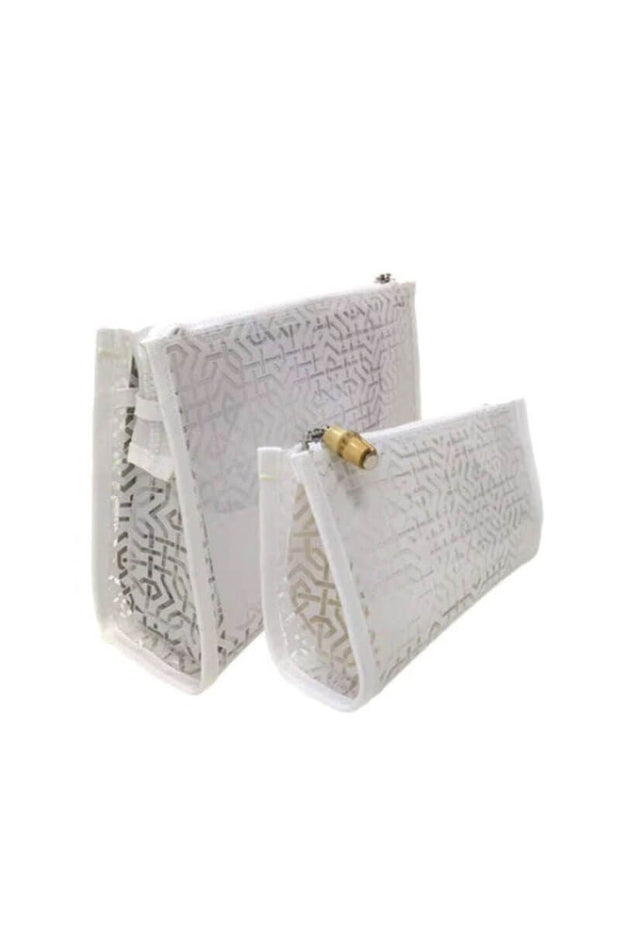 Two's Company White Lattice Design Cosmetic Bags available at Mildred Hoit in Palm Beach.