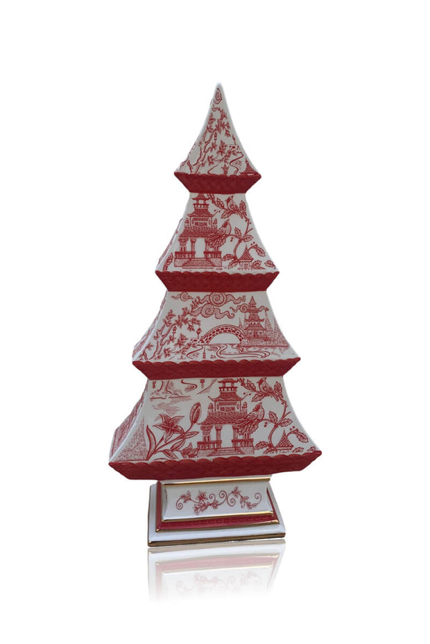 Scarlet Red and White Toile Ceramic Christmas Tree available at Mildred Hoit in Palm Beach.