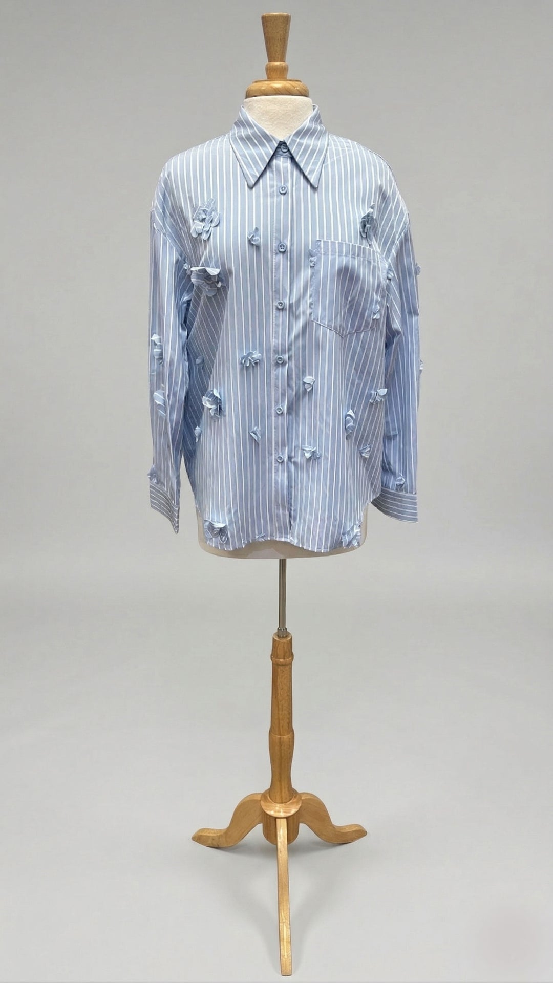 Light Blue & White Striped Blouse with Flower Details - Mildred Hoit