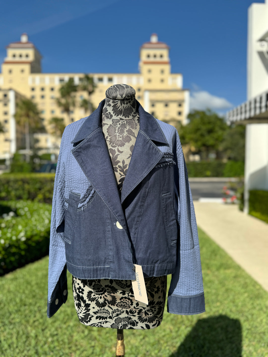 Yacco Maricard Cotton Pintuck Jacket in Gray Blue - Mildred Hoit