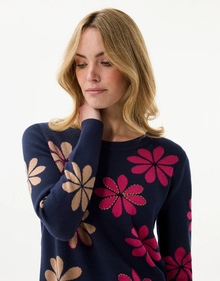 Leo & Ugo Multicolored Flower Pattern Sweater in Navy