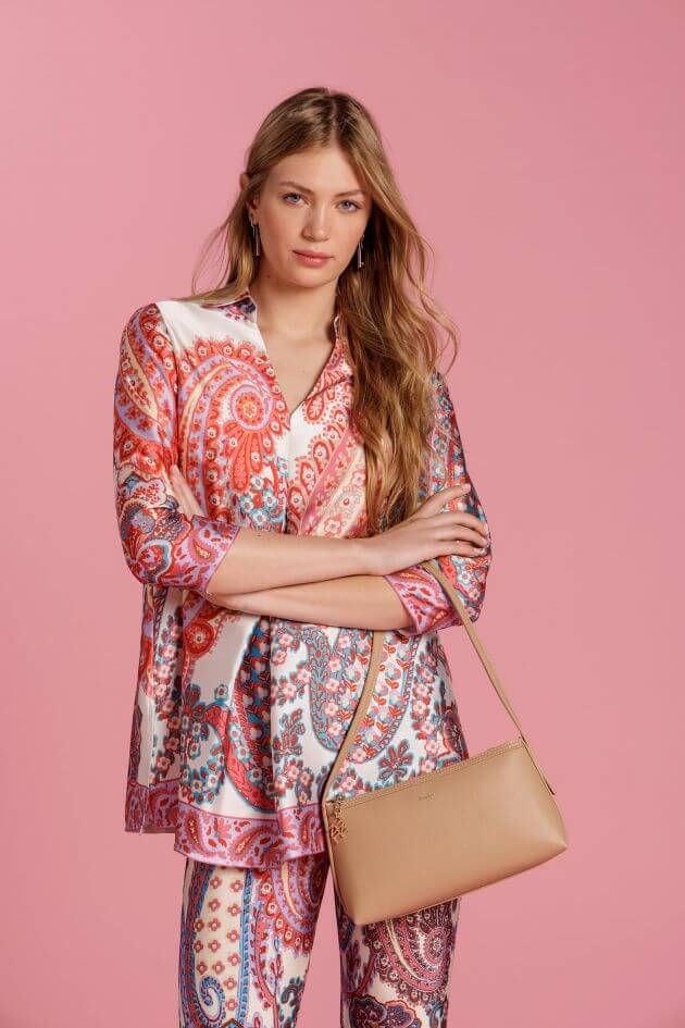 Pleated Satin Blouse in Coral Paisley - Mildred Hoit