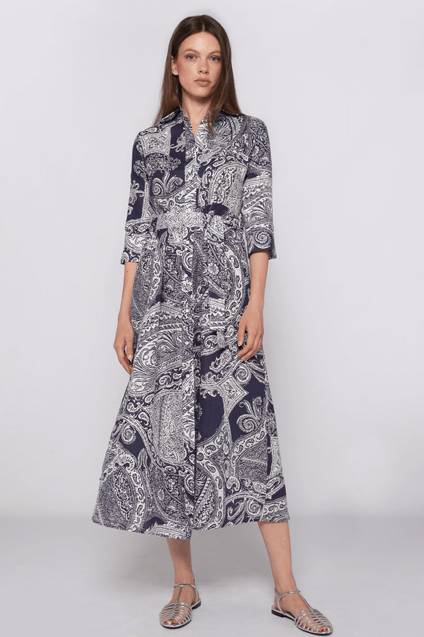 Vilagallo Natalia Dress in Navy Paisley available at Mildred Hoit in Palm Beach.