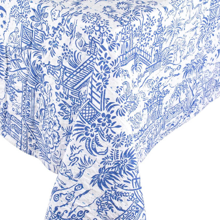 Caspari Pagoda Toile Tablecloth in Blue and White