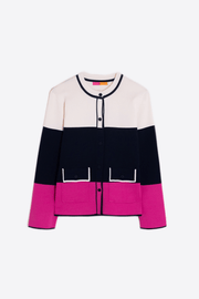 Vilagallo Colorblock Cardigan in Navy, Pink, and Ecru available at Mildred Hoit in Palm Beach.